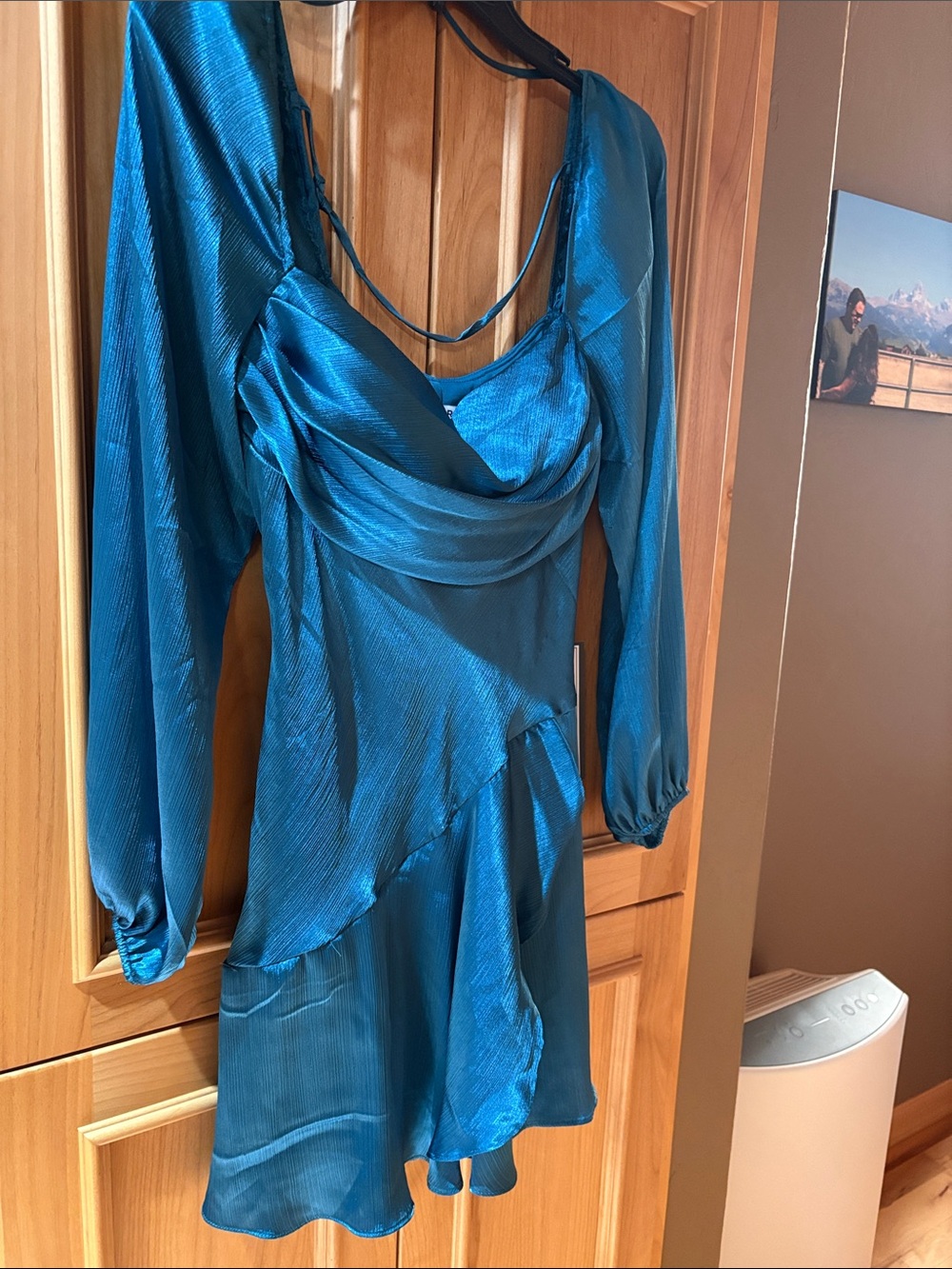 Macy's Teal Satin Draped Long-Sleeve Mini Dress new! 11/12